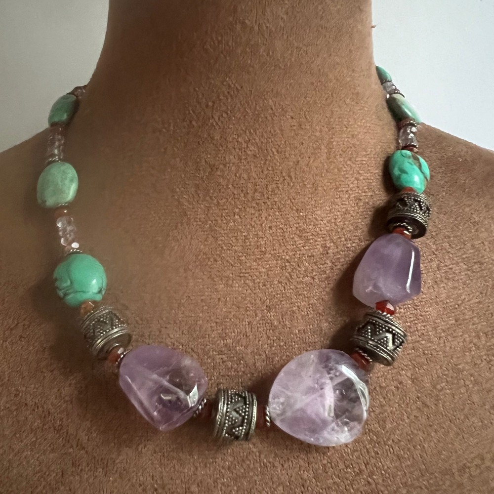 Purple Blue Orange Mixed Stones Toggle Necklace 17.5"